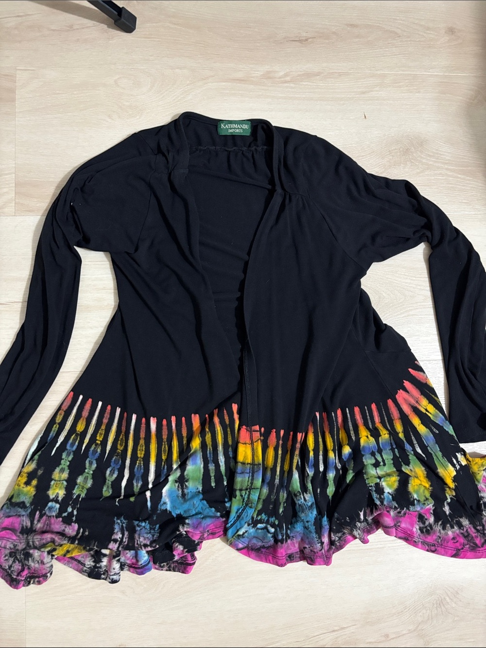 Kathmandu Black Open Cardigan with Rainbow Tie-Dye Hem boho Small